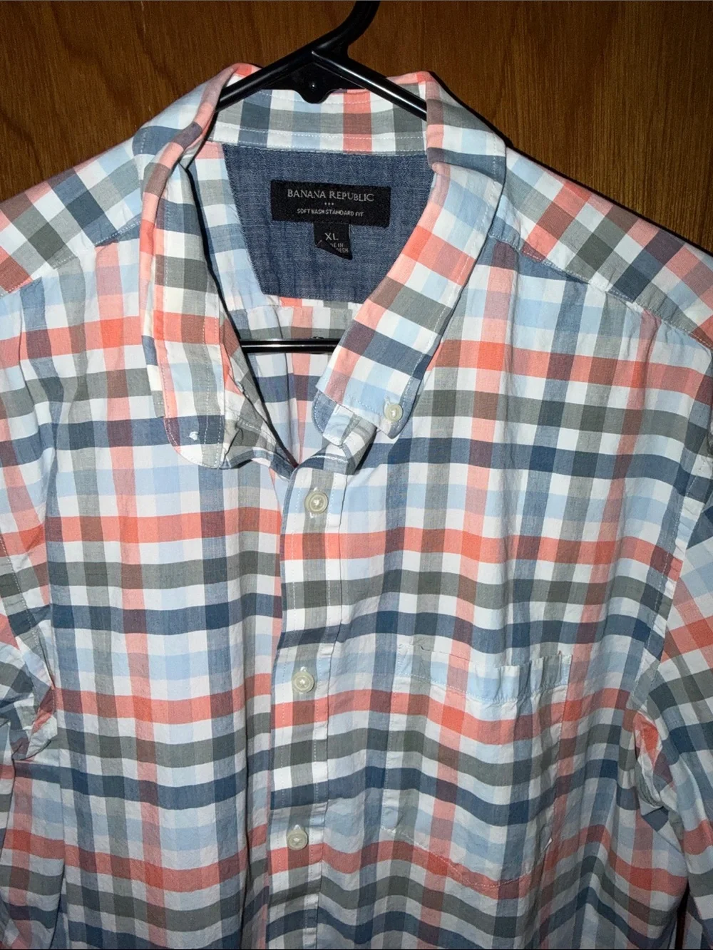Banana Republic Coral, Light Blue & Gray Plaid Button-Down Shirt